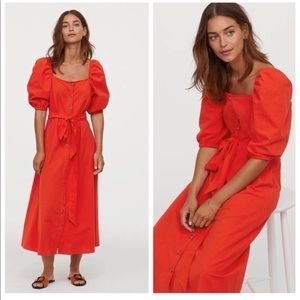 H&M Red Puff Sleeve Tie Waist Dress
